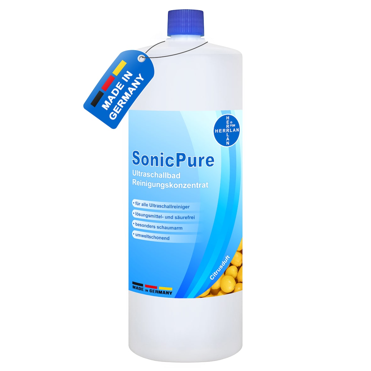 SonicPure 1000 ml Ultraschallbad Reinigungskonzentrat mit Citrus-Duft für alle Ultraschallreiniger I HERRLAN-Qualität Made in Germany