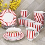 thumbnail of Split rot 18tlg Frühstücksset Porzellan Teller Müslischalen Becher gestreift
