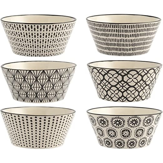 H&H Confezione 6 Bolo Vhera Con Decori Assortiti Stoneware, Nero, cc 600