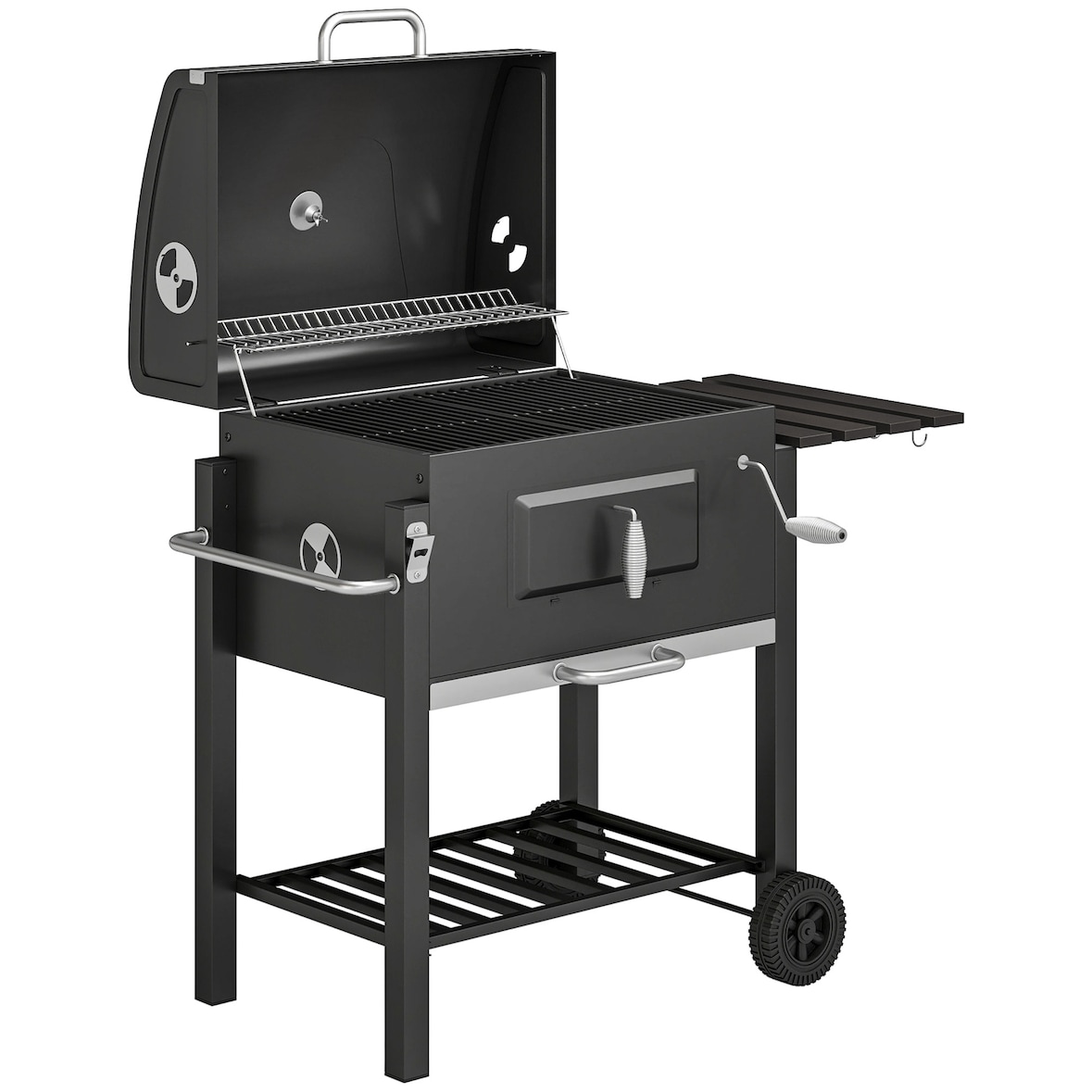 Barbacoa de Carbón con Ruedas Barbacoa con Tapa Parrillas de Acero Inoxidable Termómetro Brasero Ajustable Bandeja Lateral y Estante 113x65x108 cm