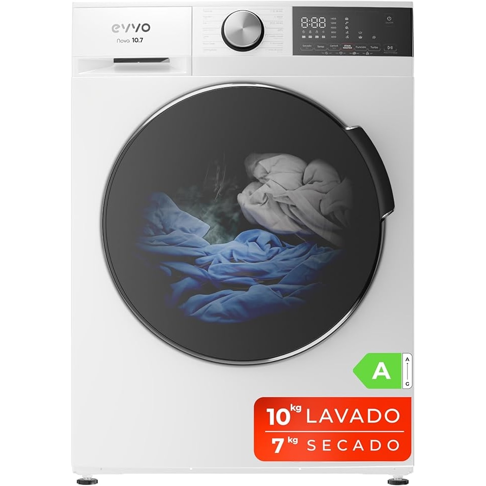 EVVO Lavadora secadora 10 kg + 7 kg carga frontal Nova 10/7, 1350 rpm, Clase energética A, Función vapor Steam Wash, Motor Inverter