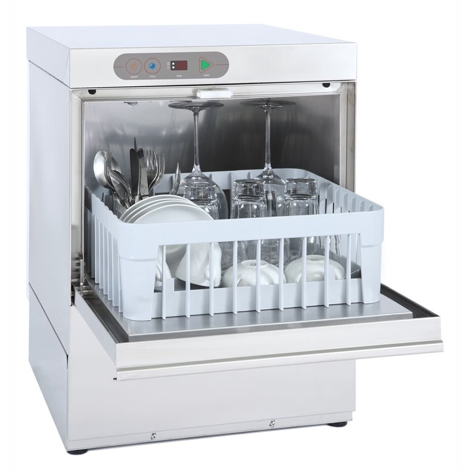 Lavabicchieri professionale elettronica, cesto quadrato 40x40, pompa scarico, dosatore detergente e brillantante, 5 cicli lavaggio, Modello EVA40