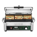 thumbnail of WARING Panini grille contact fonte - Plaque (haut/bas) rainurée/rainurée - Dim: 54x51x33cm - Dim surface cuisson: 37x28cm - Puis.: 2400W WPG250E