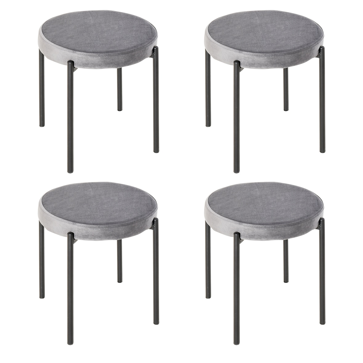 Esszimmerhocker Set 4 stapelbar 42x42x46 cm mit gepolstertem Sitz in Samtoptik Dunkelgrau, Stahlgestell pulverbeschichtet für Küche und Essbereich