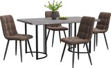 thumbnail of Essgruppe 140x80x75, Esstisch mit 4 Samt Stühlen Grau, MDF Tischplatte mit Marmor-Muster und robustem Metallgestell