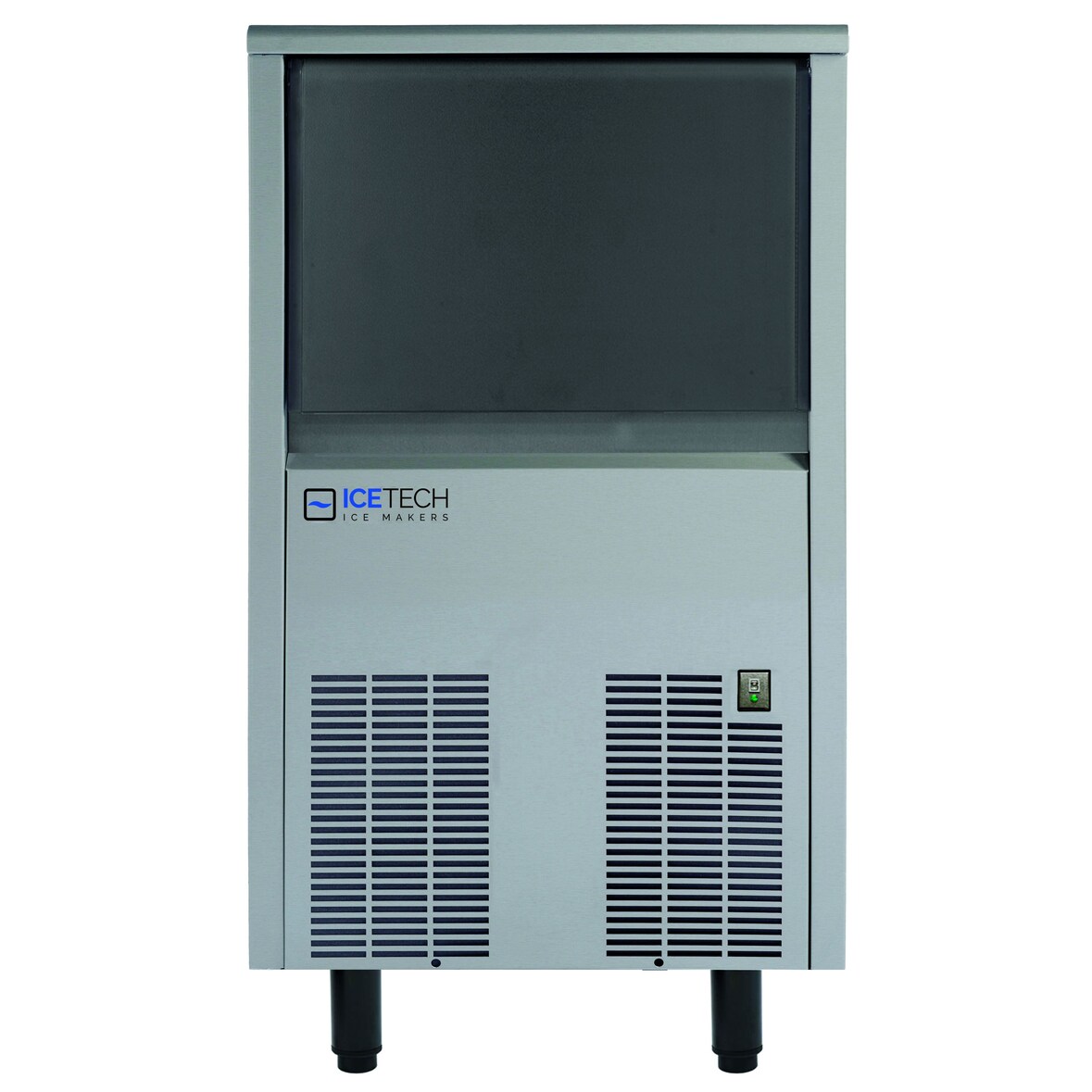 Produttore di ghiaccio 35 kg cubetto pieno medio da 22 gr. Deposito 15 kg. Carrozzeria inox. Condensazione aria o acqua. ICETECH SS35M