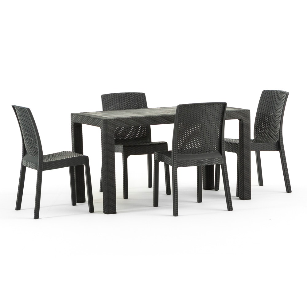 Set pranzo da giardino Tavolo rettangolare 130x75 con 4 Sedie Impilabili in Polipropilene Effetto Rattan e Piano Effetto Legno Omar/Amira-Nero