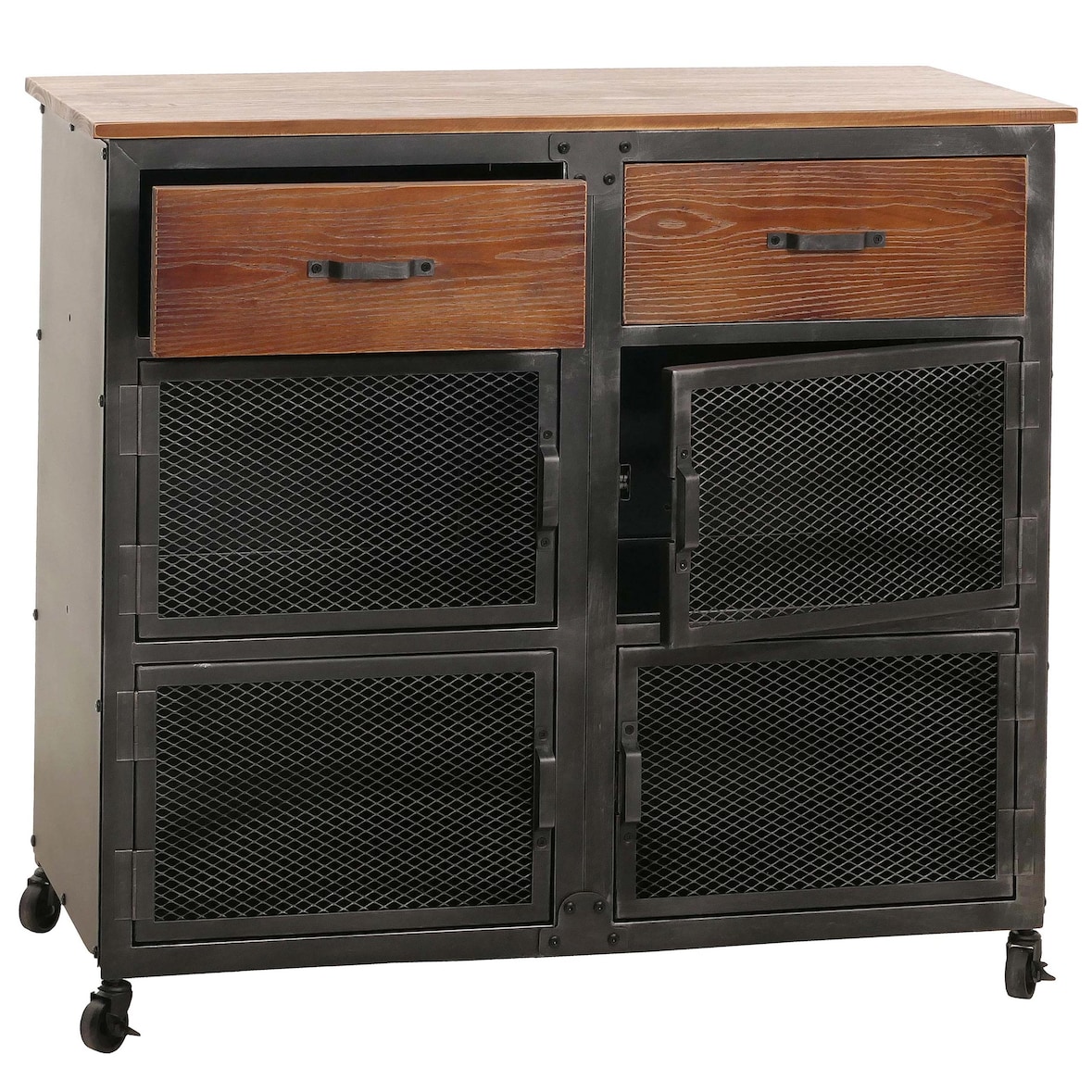 Cassettiera credenza HWC-N28, con ruote 2 cassetti, 3D industriale retrò metallo legno 90x100x40cm ~ nero, marrone