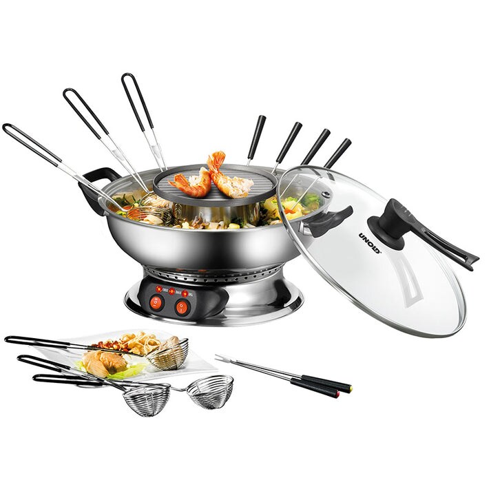 Unold 48746 ASIA-FONDUE für Fisch-Fleich-Gemüse, inkl. Grillplatte und Glasdeckel, 4L Kapazität, 2 Heizstufen
