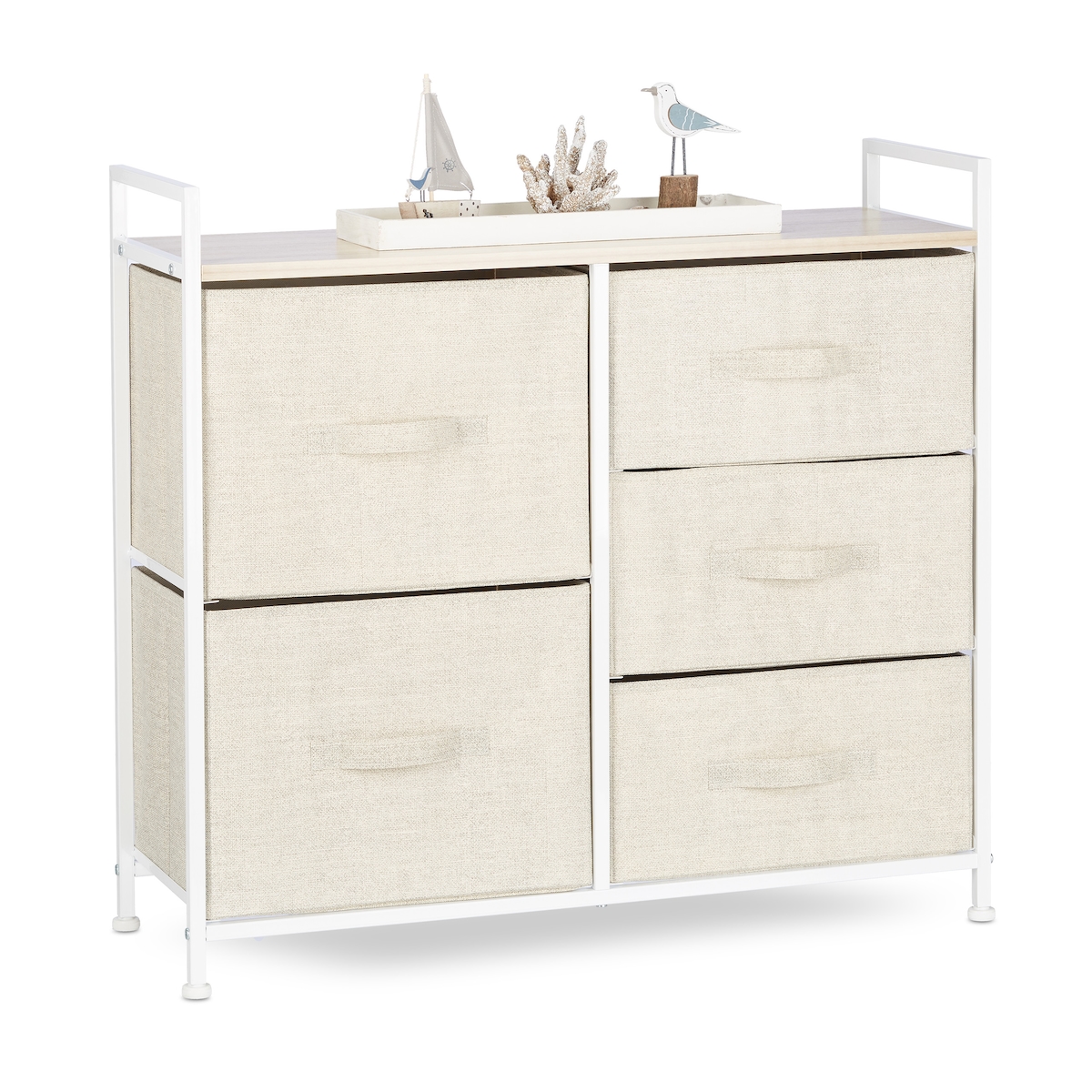 Relaxdays Regalsystem, 5 Stoff-Schubladen, universale Schubladenbox, Metall und Holz, HxBxT: 77,5 x 83 x 29 cm, beige