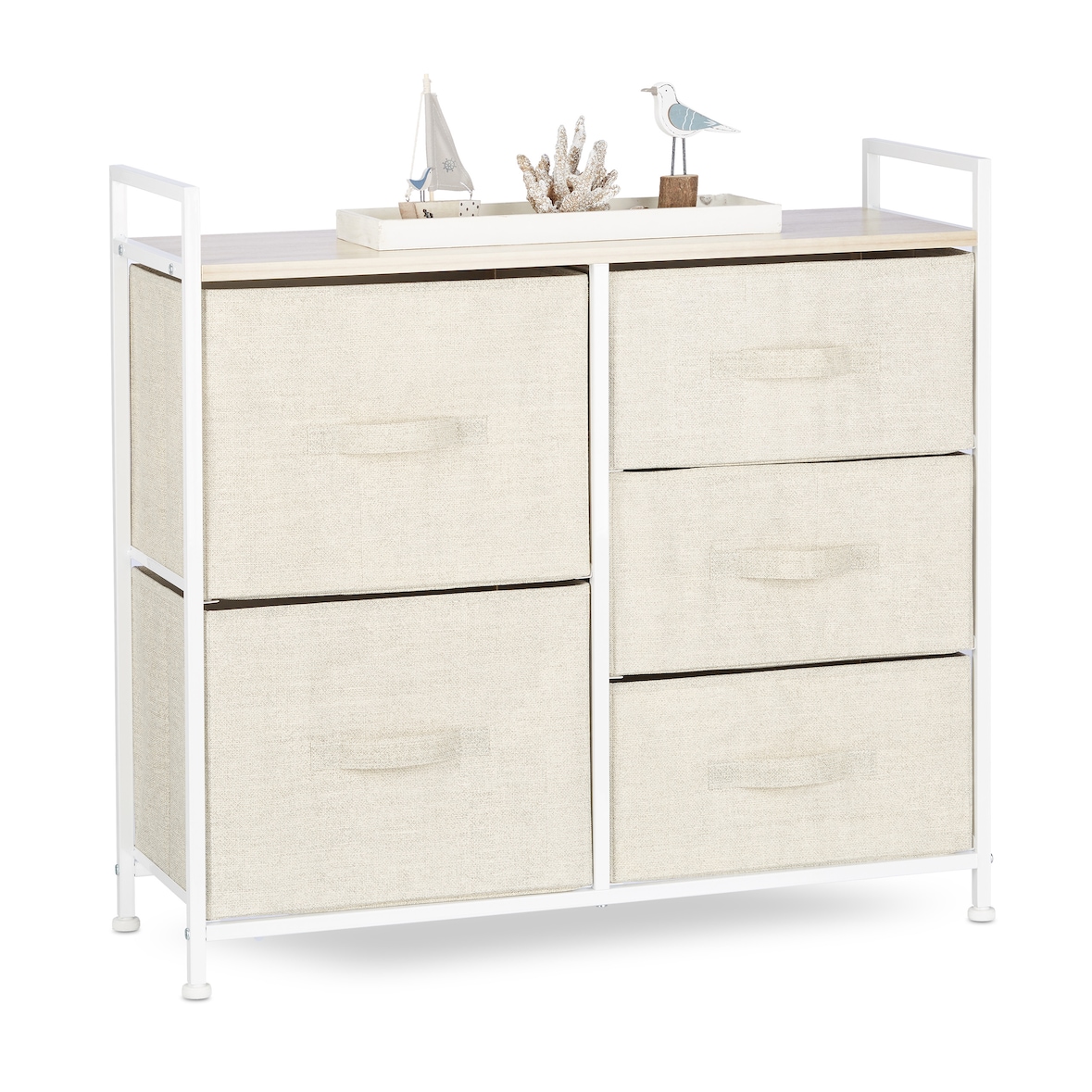 Relaxdays Regalsystem, 5 Stoff-Schubladen, universale Schubladenbox, Metall und Holz, HxBxT: 77,5 x 83 x 29 cm, beige