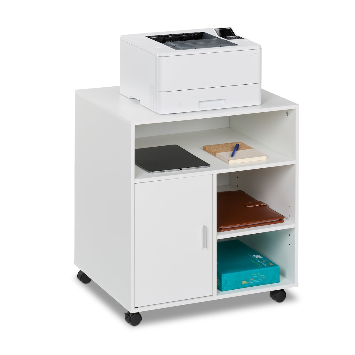 Relaxdays Rollcontainer mit 5 Fächern & Tür, Büro Beistellcontainer, mit Rollen, Büroschrank, HBT: 66,5x60x50 cm, weiß