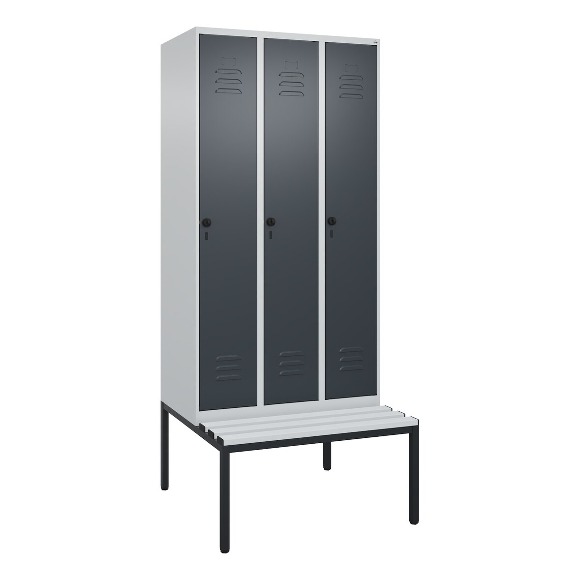 C+P Spind Classic PLUS, Kunststoff untergebaute Sitzbank, 3 Abteile, HxBxT 212x90x82cm, Sicherheitsdrehriegel, Hellgrau/Anthrazit von PROREGAL