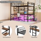 thumbnail of Hochbett 140x200 mit Geländer, Trittleiter, Schreibtisch, Regalen, LED-Beleuchtung, USB und Steckdose, Metallrahmen, funktionales Loftbett Schwarz