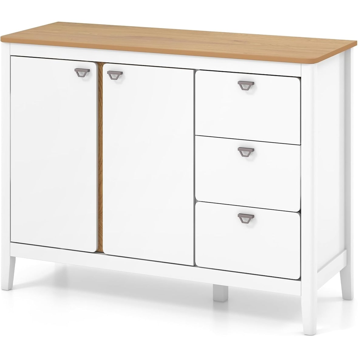 COSTWAY Keukenkast met 2 deuren en 3 lades, witte houten dressoir, buffetkast, vrijstaand met verstelbare planken