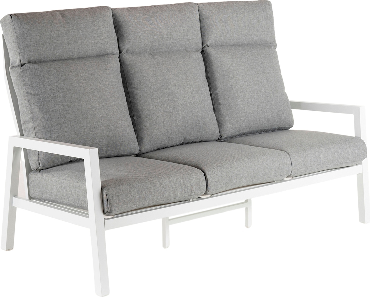 Sofá jardín de aluminio reforzado color blanco, 3 plazas, Cojines color gris, Altura 107 cm