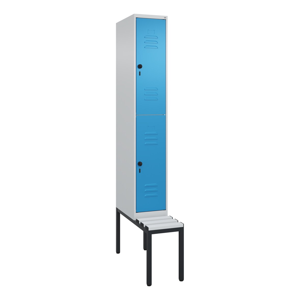 C+P Spind Classic PLUS, Kunststoff untergebaute Sitzbank, 2 Abteile, HxBxT 212x30x82cm, Sicherheitsdrehriegel, Hellgrau/Lichtblau von PROREGAL