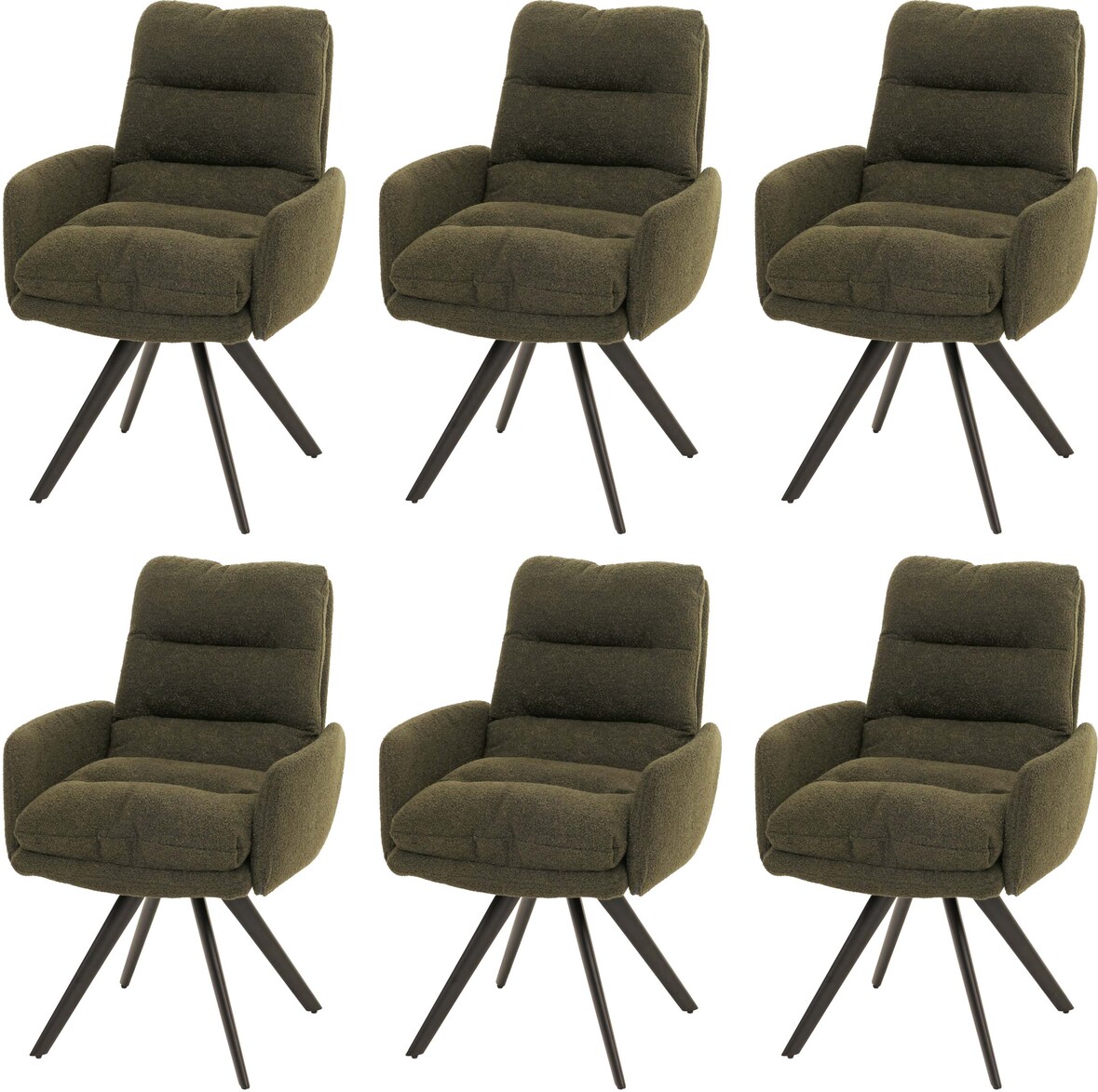 6er-Set Esszimmerstuhl HWC-G66, Küchenstuhl, drehbar Auto-Position Stoff/Textil Bouclé MVG ~ grün, mit Armlehne