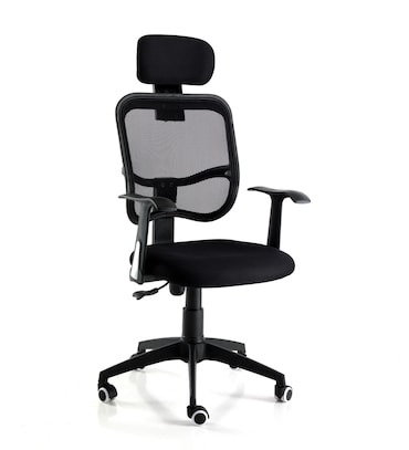 Oreste Luchetta Poltrona YEKOO nera con poggiatesta, tessuto traforato, base a ruote e schienale oscillante