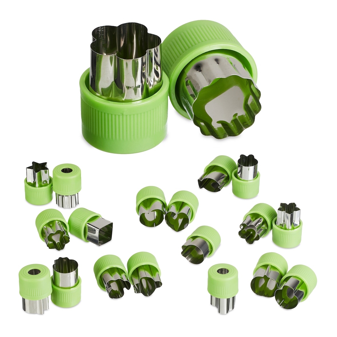 Relaxdays Ausstechformen klein, 20er Set, für Gemüse, Obst, Plätzchen, Mini Ausstecher mit Griff, Edelstahl, grün/silber