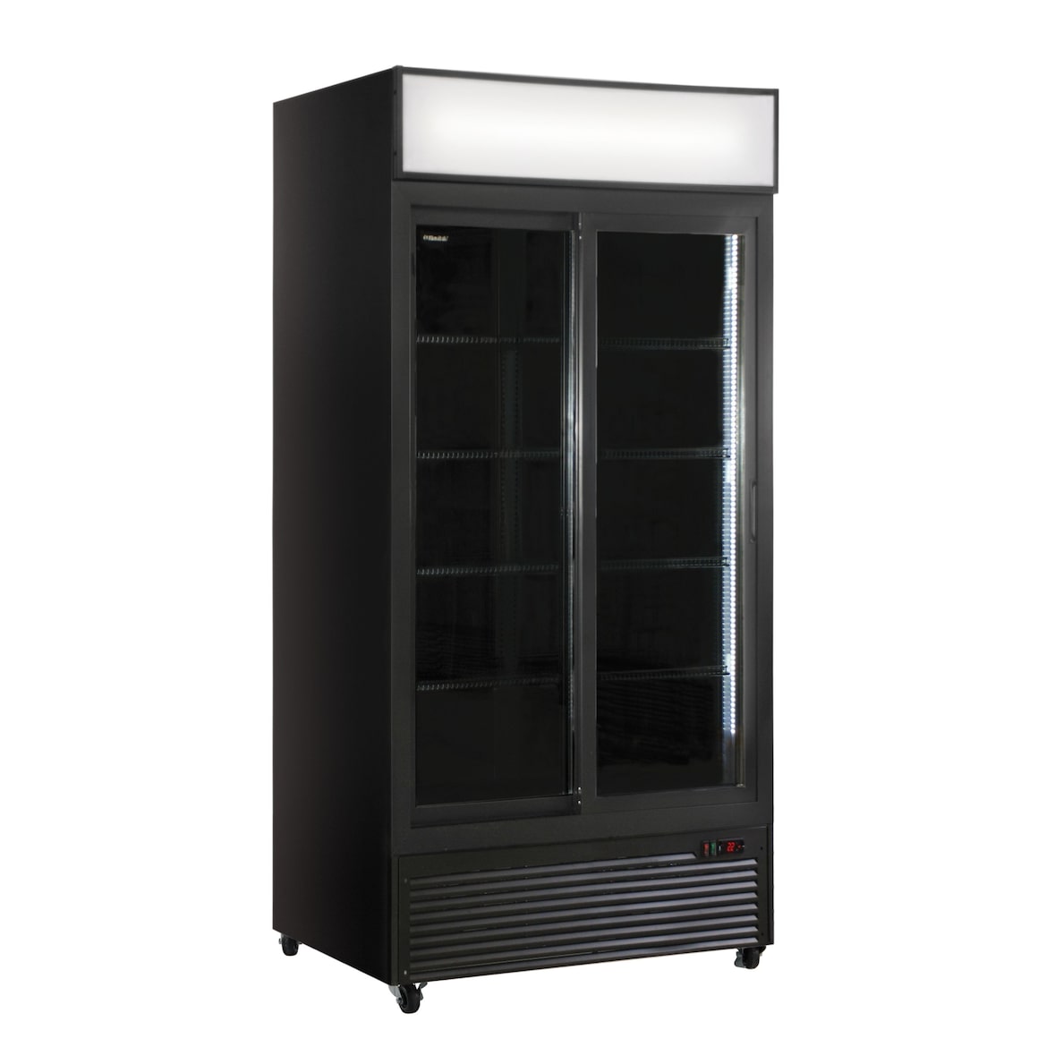 Frigo vetrina bibite ventilata doppia porta scorrevole con base porte in acciaio. Temperatura 0°C/+10°C. Modello CL801V2GCSLBLACK