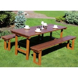 thumbnail of METRO PROFESSIONAL Conjunto de 3 peças de mesa e bancos para exterior, 1 mesa 180 x 70 cm, 2 bancos 180 x 27.5 cm, castanho escuro