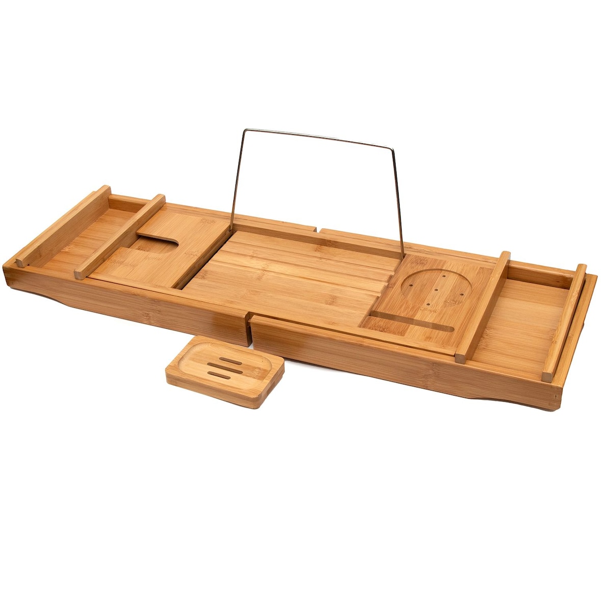 Intirilife Badewannenablage aus nachhaltigen Bambus - 75 - 109 x 23 x 4.5 cm - Verstellbare / Ausziehbare Auflage mit Seifenschale Badewannentablett