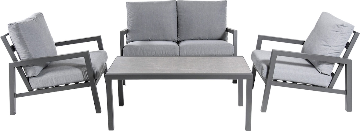 Conjunto sofás jardín, Aluminio reforzado color antracita, Sofá 2 plazas y 2 sillones y Mesita café, 4 plazas, Cojines color gris