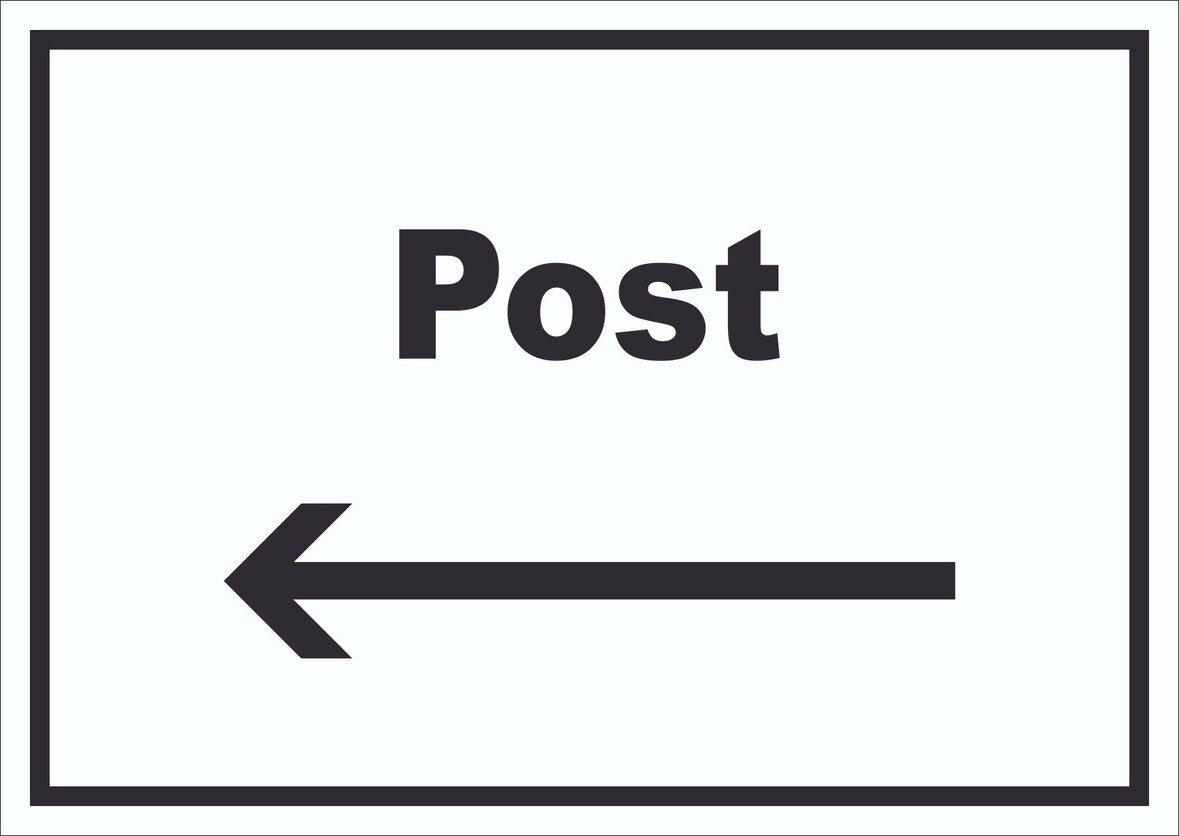 Post Schild mit Text und Richtungspfeil links Annahme Brief Paket waagerecht A6 Rückseite selbstklebend