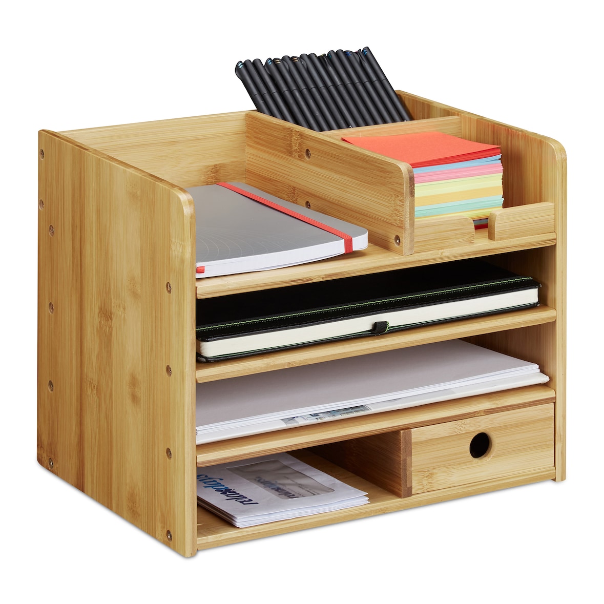 Relaxdays Schreibtisch Organizer, Briefablage A4, Notizzettel und Stifte ordnen, Schublade, Ordnungssystem Büro, Bambus