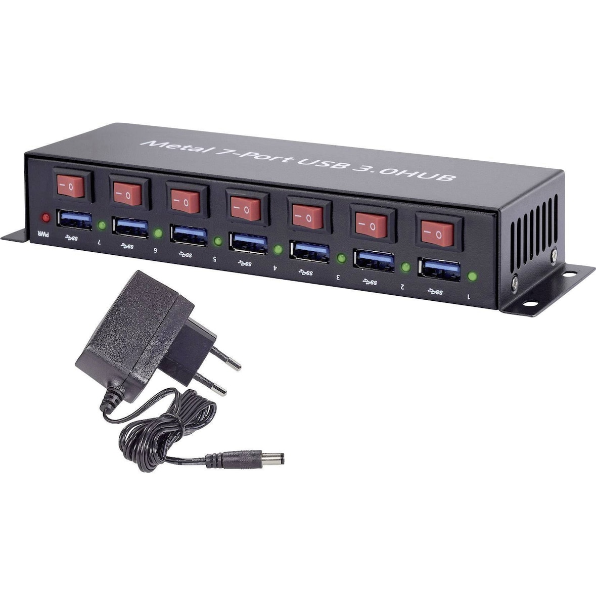 Renkforce RF-3269622 7 Port USB 3.2 Gen 1-Hub (USB 3.0) Metallgehäuse, einzeln schaltbar, zur Wandmo