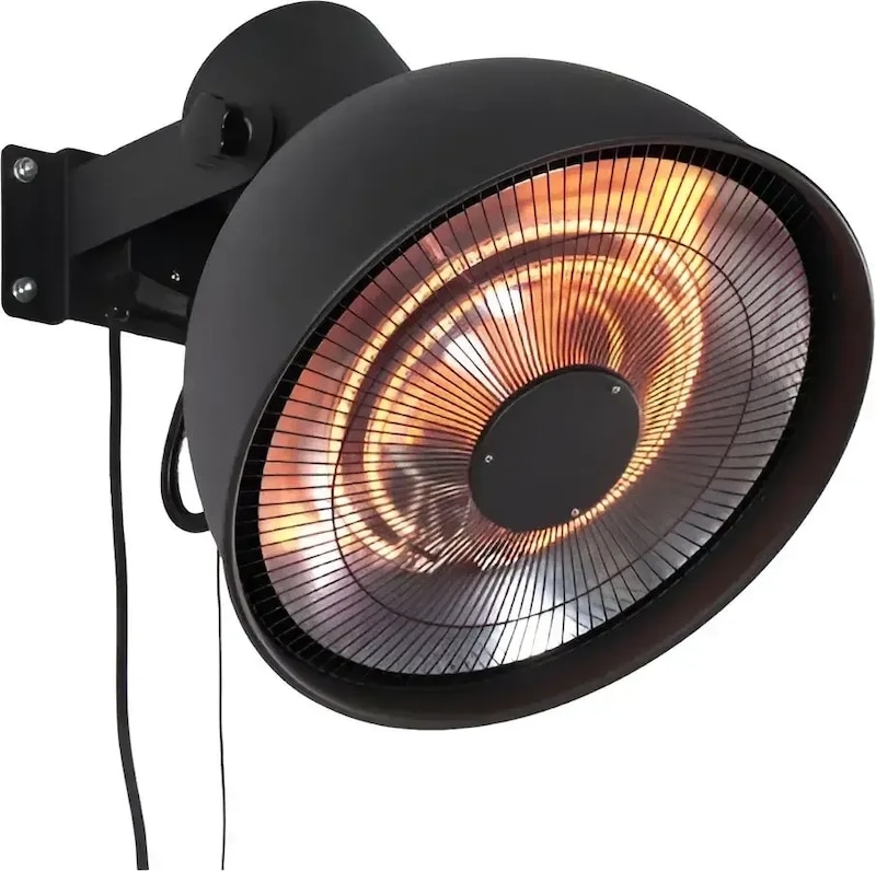 Um aquecedor de parede preto com elemento incandescente.