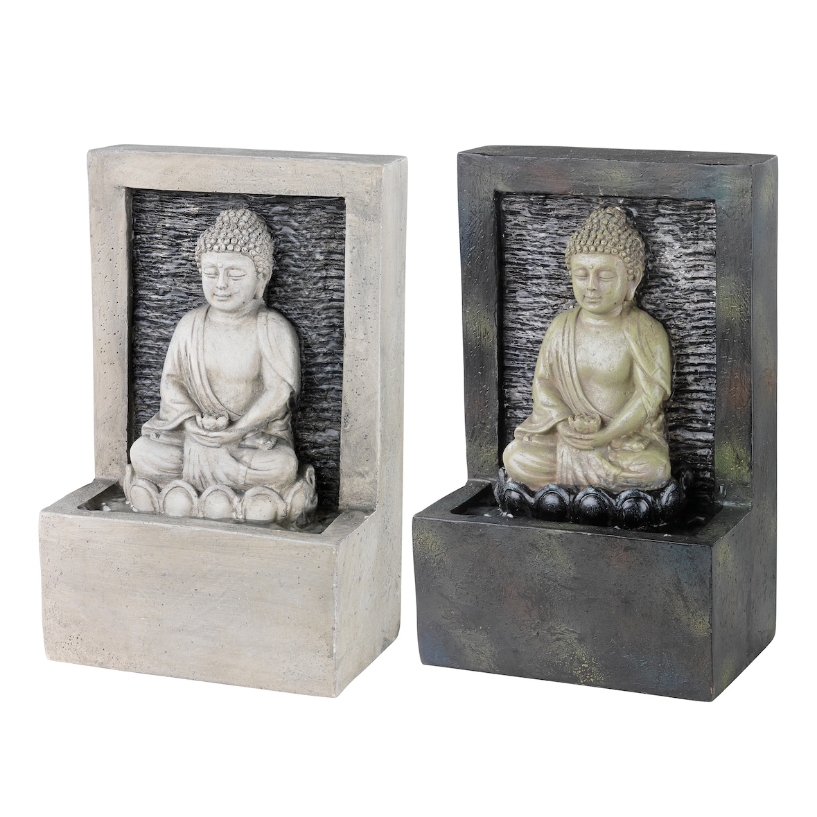 1 Zimmerbrunnen Buddha 23cm Kunststein Wasserbrunnen für Zimmer Indoor Brunnen Wasserwand Tischbrunnen Tischdeko Bürodeko Wasser Feng Shui Deko Grau