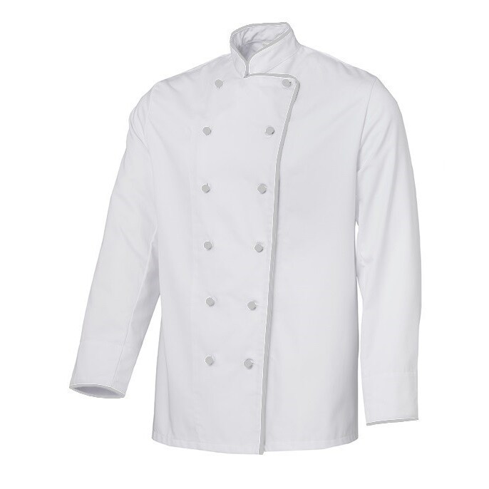 Grevotex Kochjacke / Bäckerjacke weiß langarm mit Paspel hellgrau  / Größe 60 (XXL)