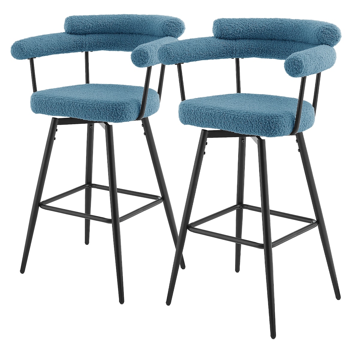 ML-Design Barhocker drehbar 2er Set Blau, Teddy-Stoff, H76 cm, Gepolsterte Barstühle, Küchenstühle mit Arm- & Rückenlehne, 360° Drehstuhl Tresenhocker