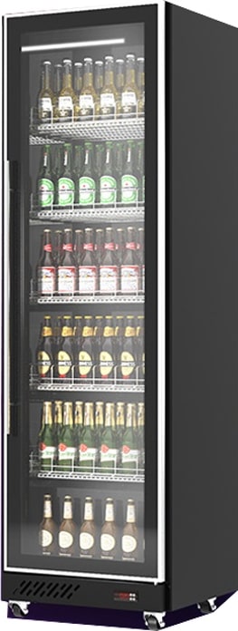 Kühlschrank DAMARA auf Rollen | 1x Glastür + LED | 387 Liter, HxBxT 198x62x60cm | 0/+10°C | Schwarz | + CHEFGASTRO Geschirrtuch