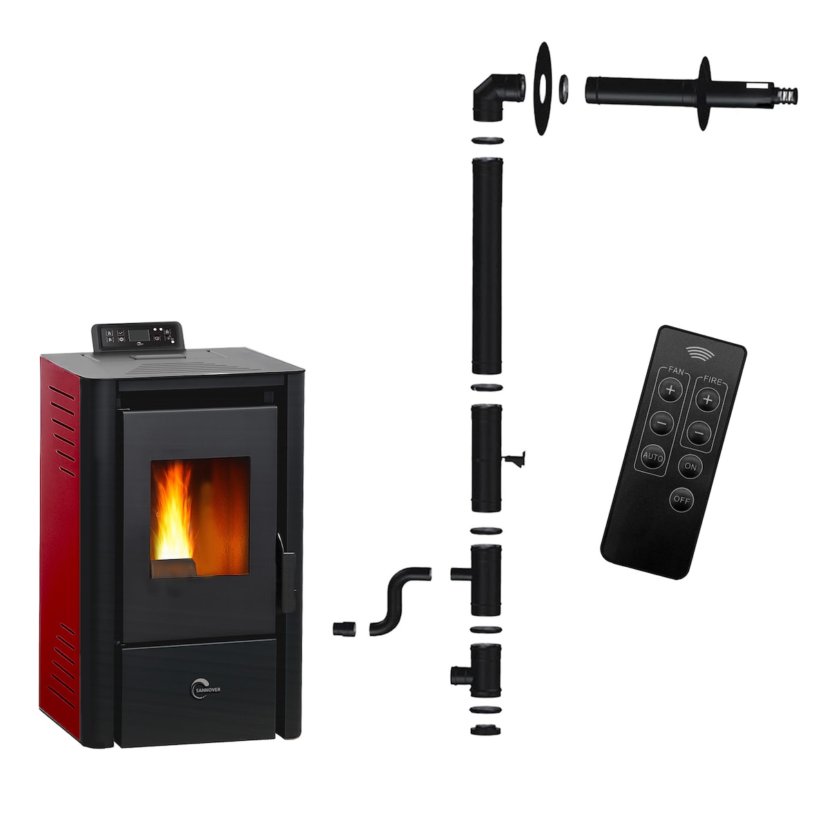 Poêle à granulés étanche Anita 9,4 kW Bordeaux Sannover + Kit d’installation Complet