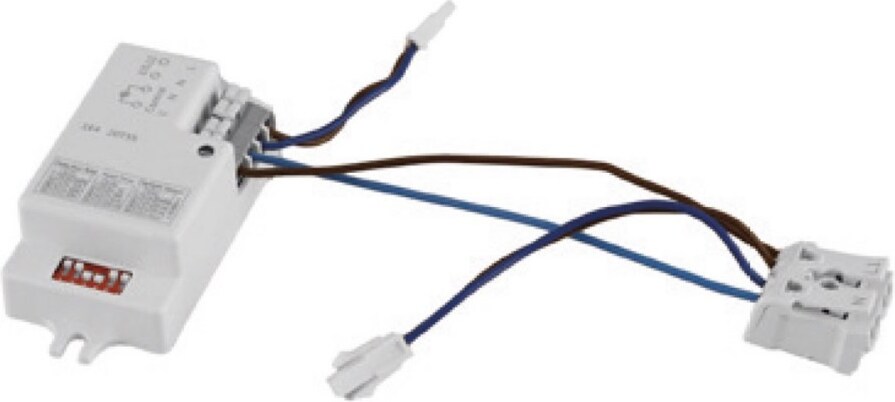 Ein weißer elektronischer Transformator mit Kabeln.