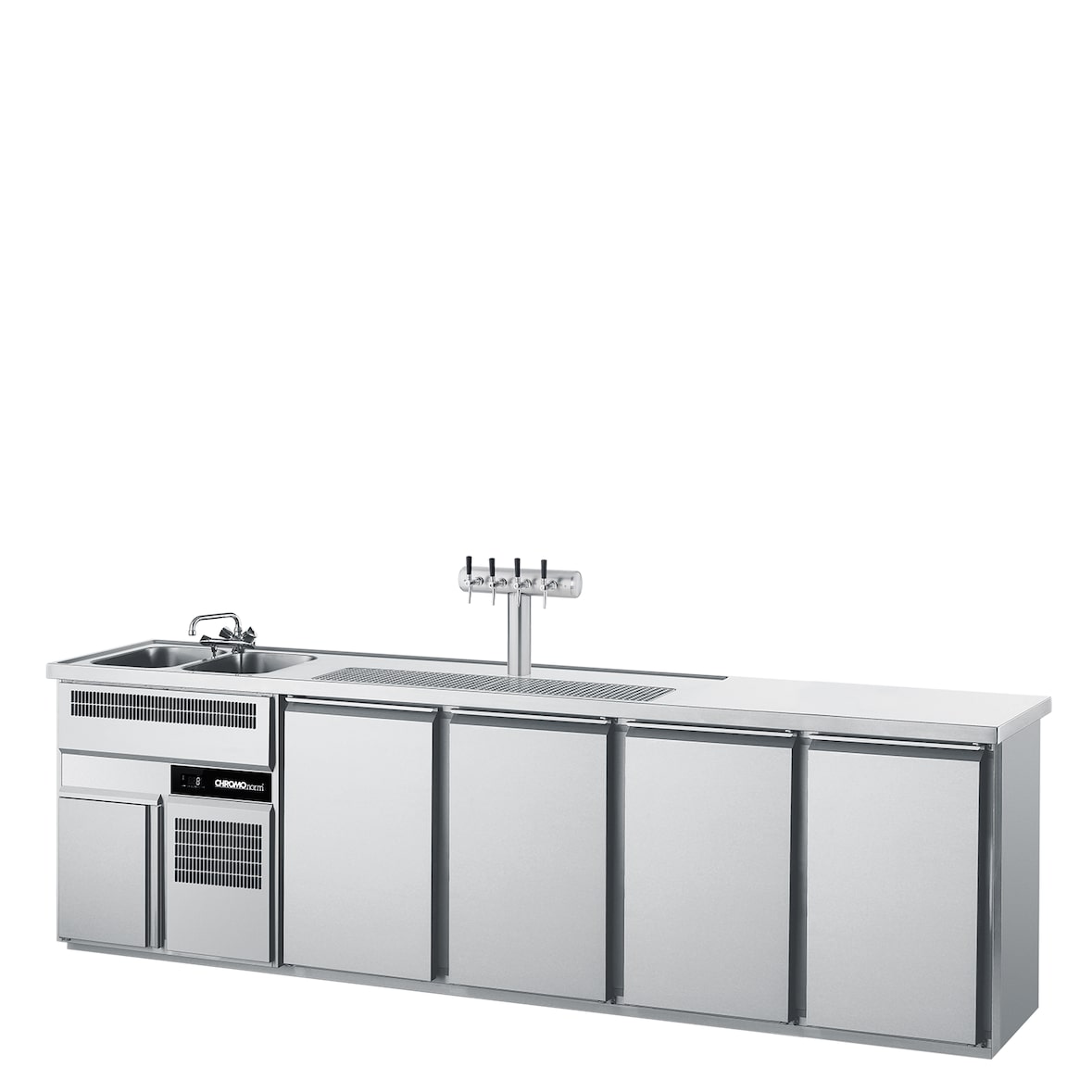 Chromonorm Getränketheke, 2 Becken links, 4 Türen, mit Abdeckung, Steckerfertig