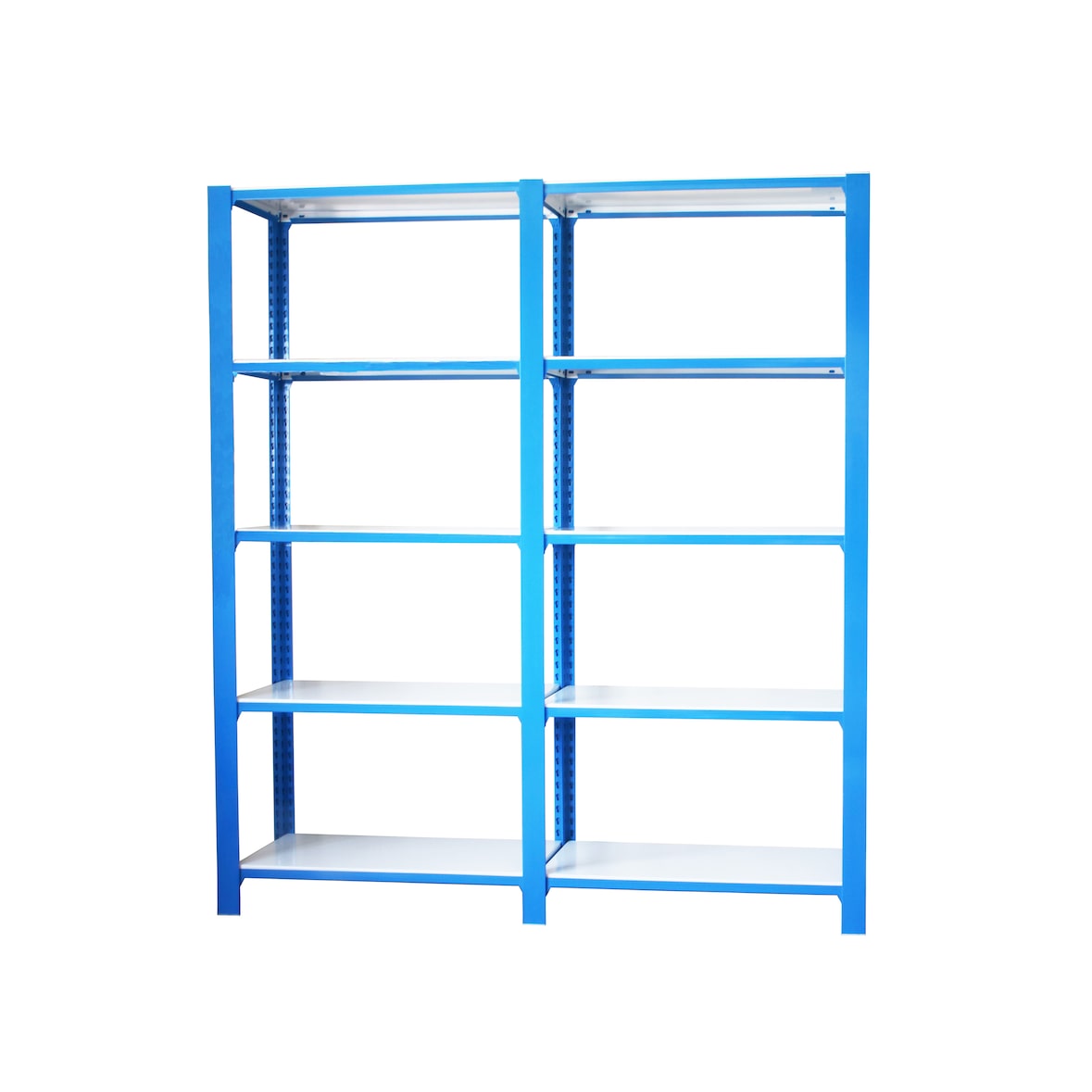 Módulo de 2 estantes Officlick com 5 prateleiras cada. Azul/branco 2100x1800x300 mm