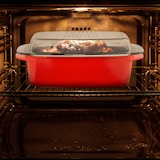 thumbnail of Relaxdays Bräter mit Deckel, antihaftbeschichtet, Auflaufform, Aluminiumguss & Glas, spülmaschinenfest, Gänsebräter, rot