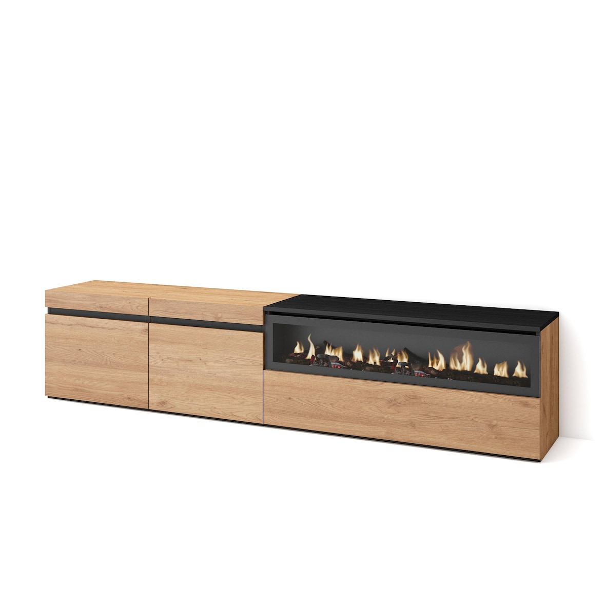 TV-Meubel, Lowboard, Woonkamer, Eetkamer, 200x35x45cm, Voor tv's tot 80", Elektrische haard, Moderne stijl, Eiken/Zwart _ 46_29