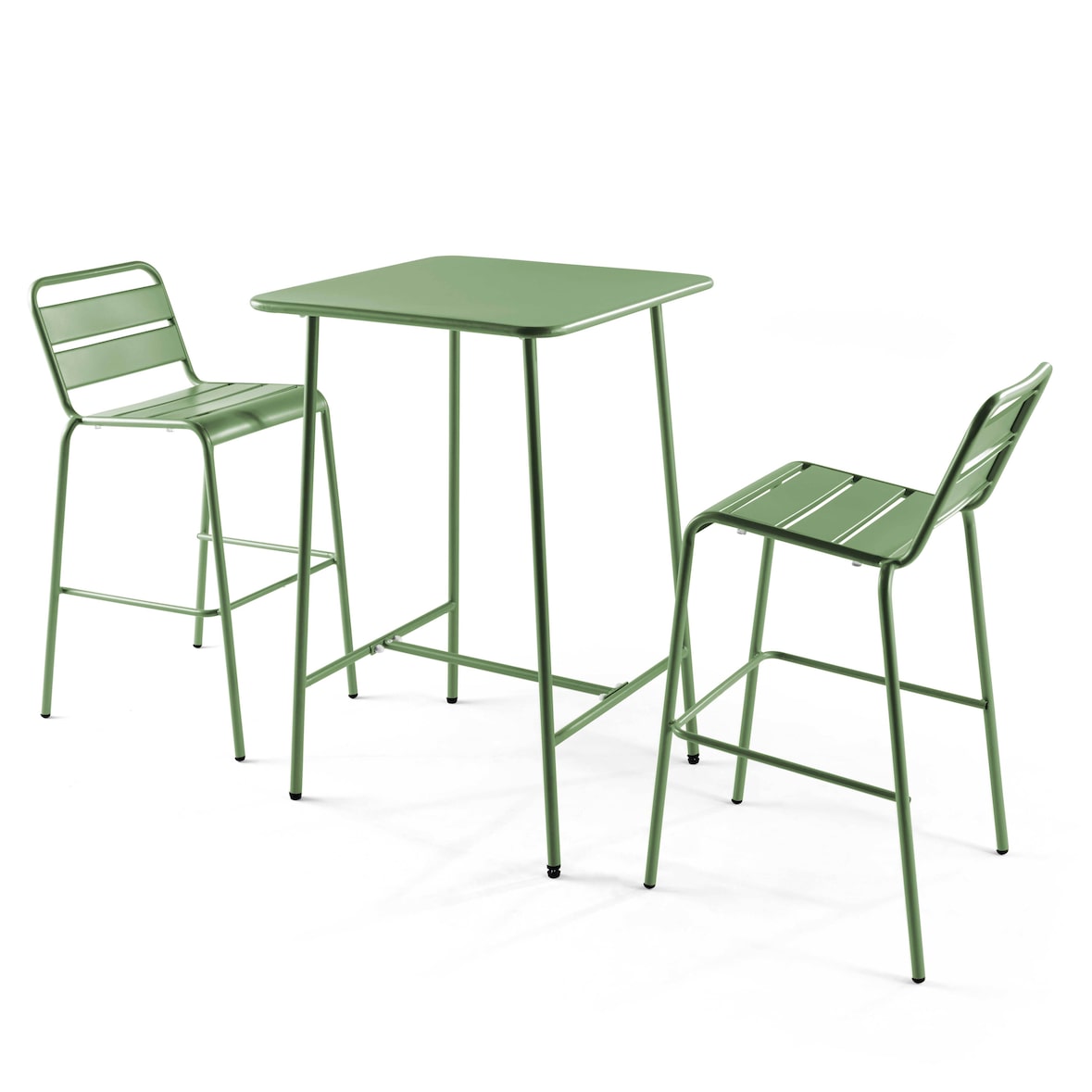 Set van bartafel en 2 hoge stoelen in cactusgroen metaal - Oviala
