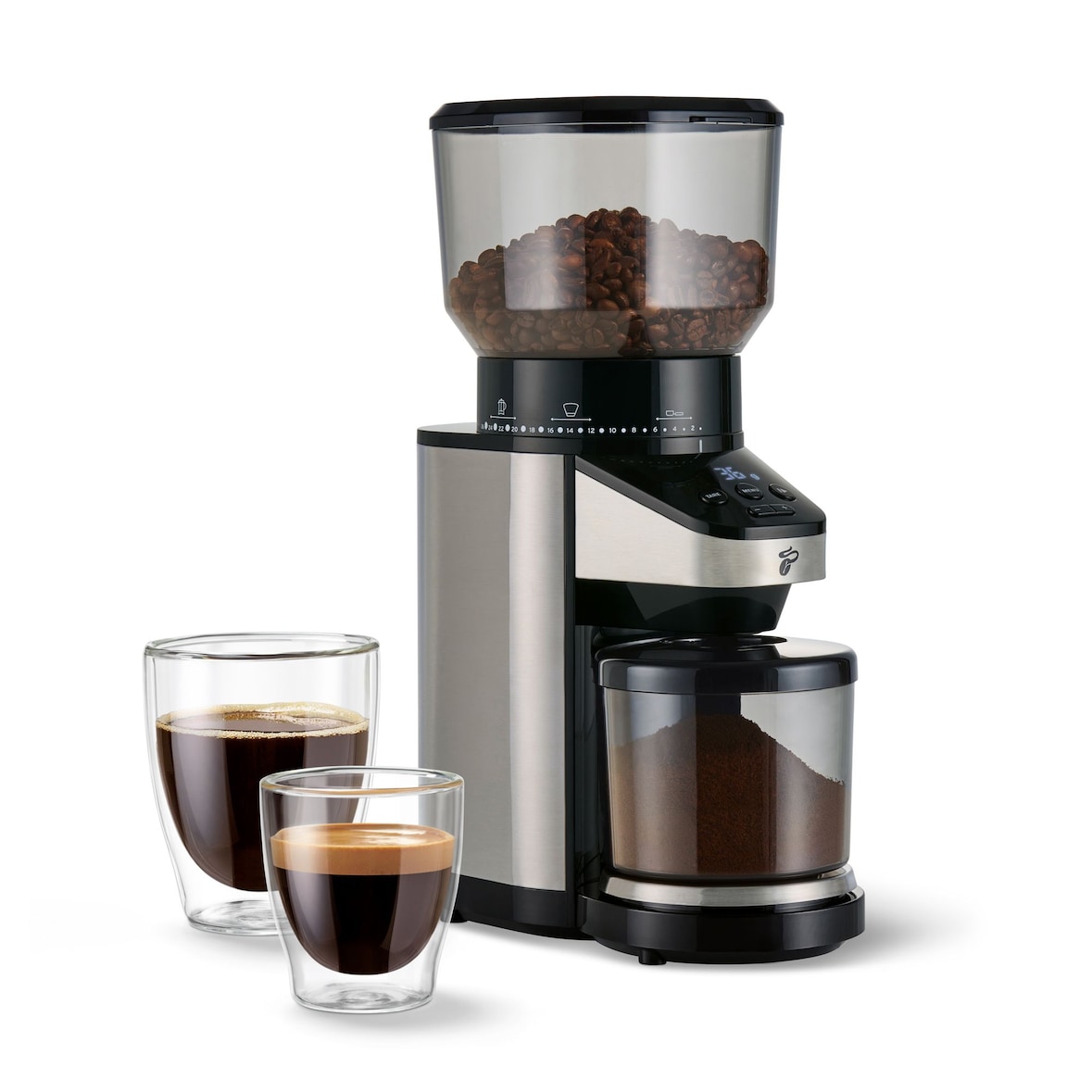 Tchibo elektrische Kaffeemühle, eingebaute Waage, Kegelmahlwerk, Schwarz/Silber