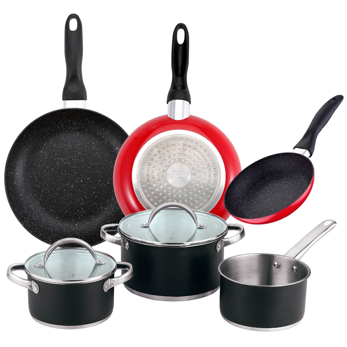 San Ignacio - Cassel 16/20/24 cm Edelstahl-Kochgeschirr-Set mit 3 16/20/24 cm großen gepressten Aluminiumpfannen, Induktion