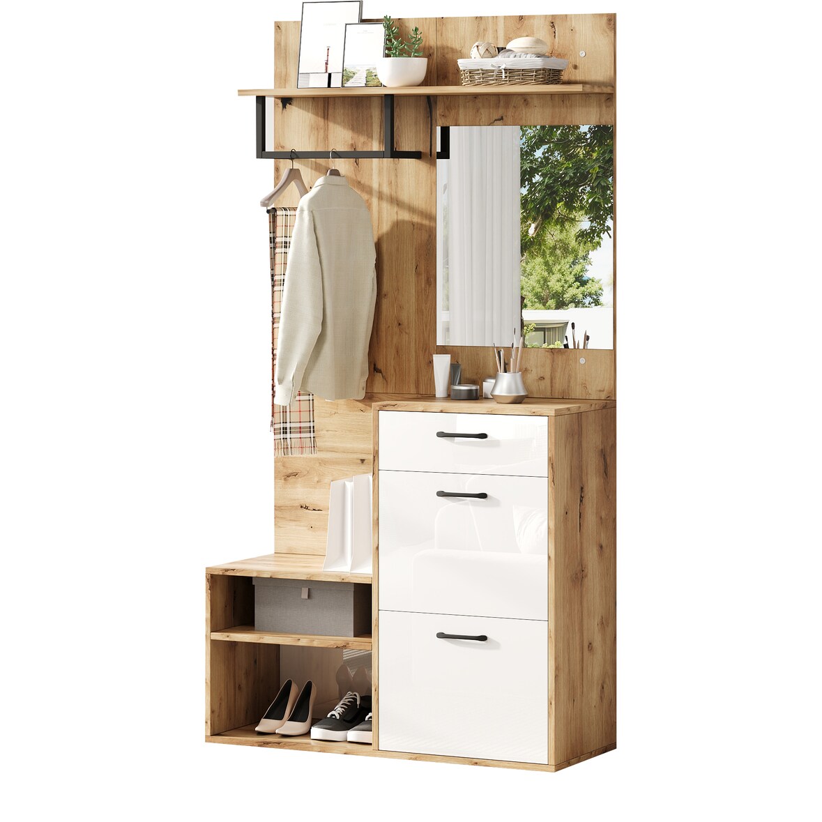 Flur Schuhbank 100x38.5x190 cm mit Spiegel Hochglanz Sitzbank Garderobenschrank mit Klapptüren Aufbewahrungsschrank Weiß Holzoptik