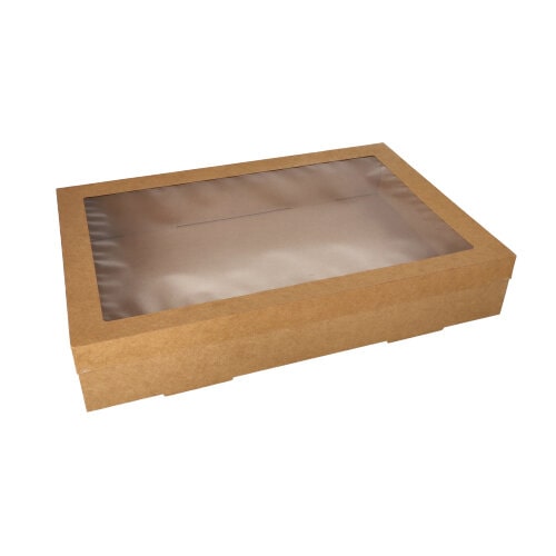 Starpak, Cateringdozen, karton hoekig 8 cm x 31 cm x 45 cm bruin met apart deksel en kijkvenster van PET