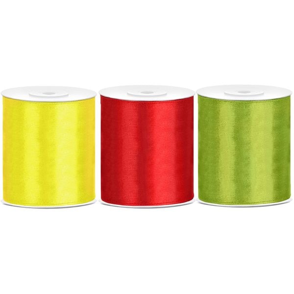 Satin Geschenkband 100mm 3 Farben je 25m lang bunt gelb rot grün Schleifenband Geschenkverpackung Geburtstag Hochzeit Weihnachten 3er Set