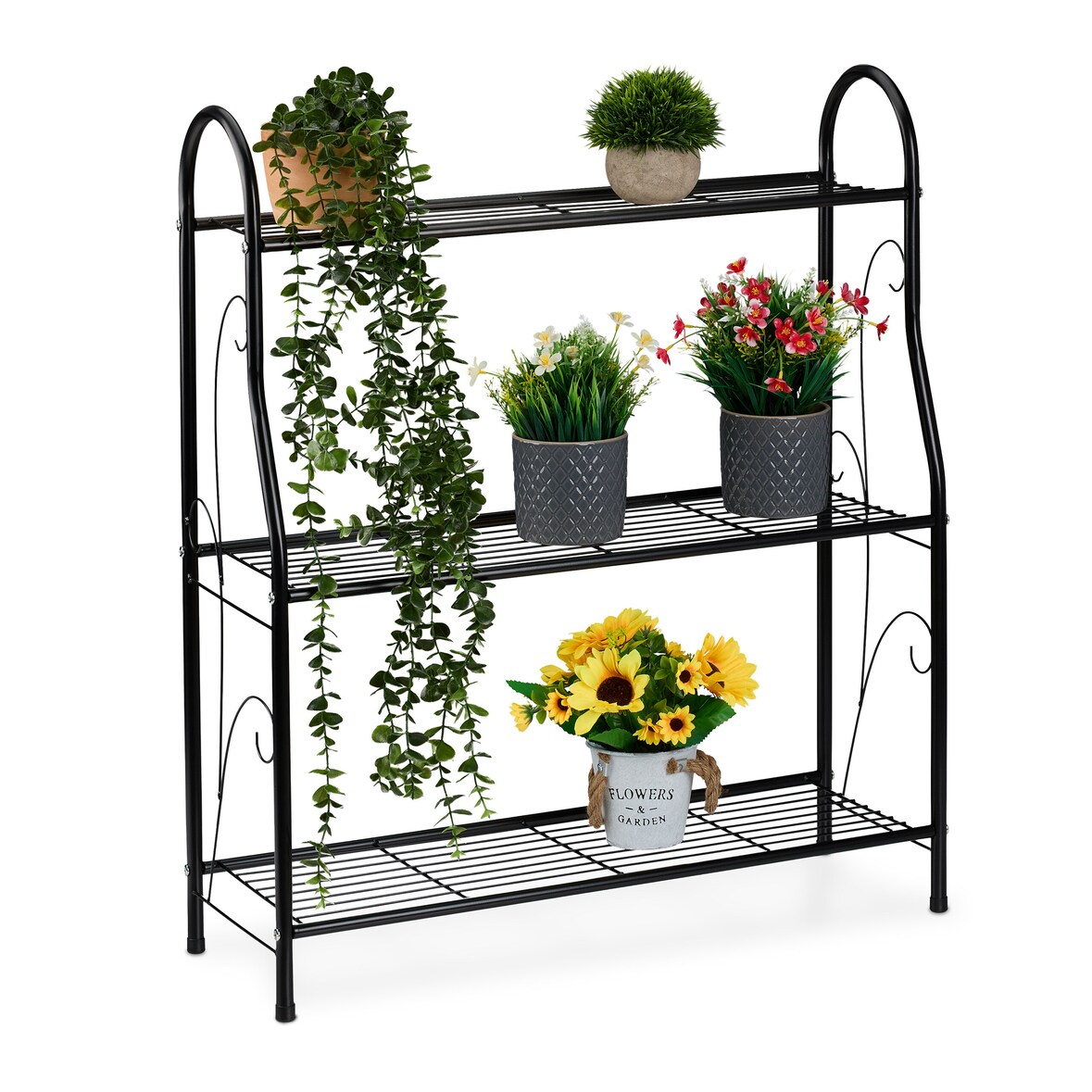 Relaxdays Blumenregal mit 3 Ablagen, Blumen- & Pflanzentöpfe, Metall, Pflanzentreppe, HxBxT: 83 x 71 x 24,5 cm, schwarz