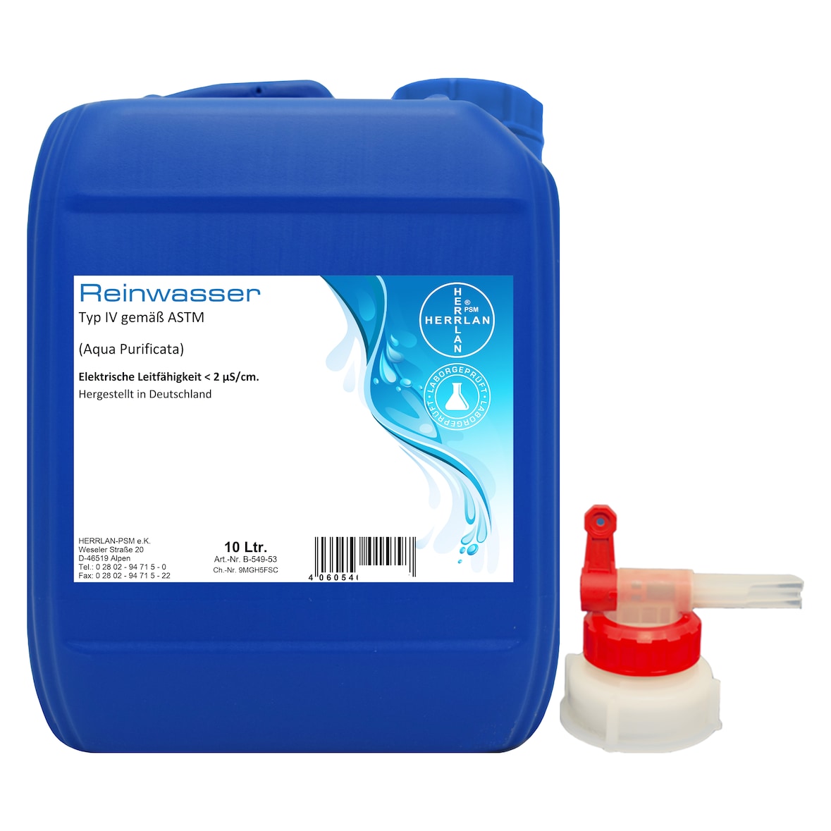 Destilliertes Wasser I Ph. Eur. - AQUA PURIFICATA - 10 Liter Kanister inkl. 1 x AGH I Laborwasser I HERRLAN-Qualität Made in Germany